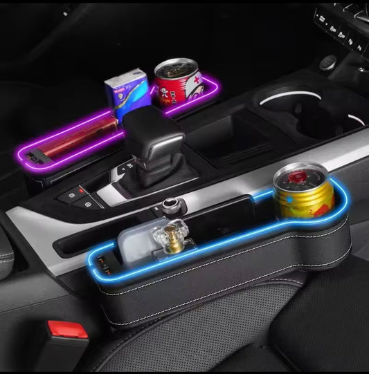 New Car Crevice Storage Box with 2 USB Charger Colorful LED Seat Gap Slit Pocket Seat Organizer Card Phone Bottle Cups Holder