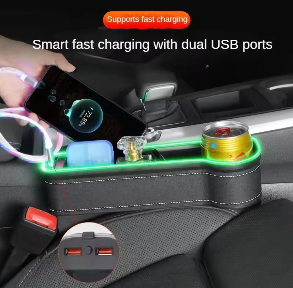 New Car Crevice Storage Box with 2 USB Charger Colorful LED Seat Gap Slit Pocket Seat Organizer Card Phone Bottle Cups Holder